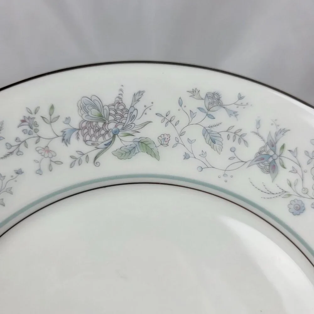 TWO Oxford China Spring Bone China Dinner Plate Multicolor Floral Rim Aqua Band